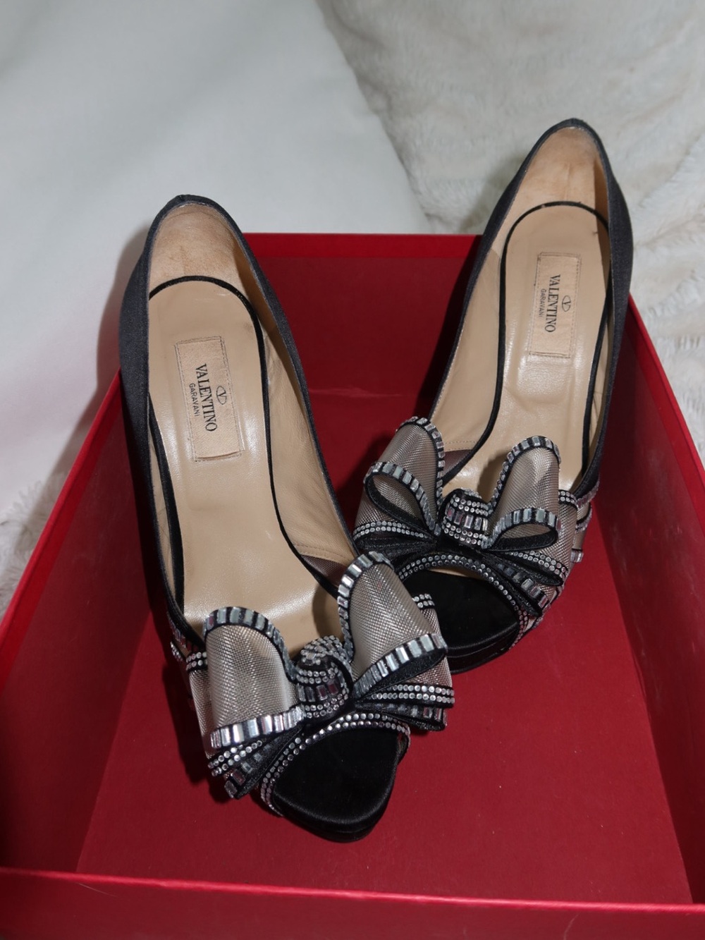 Valentino Crystal Bow Peep Toe Pumps with Box